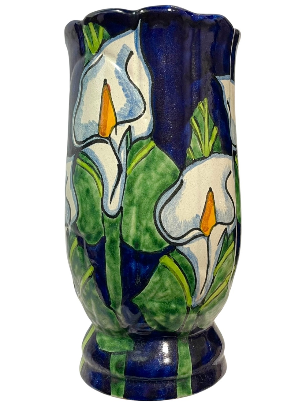 Vintage 1980s Batres Mexican Talavera Pottery Vase - Cobalt Blue Calla Lily